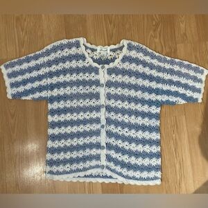 Margules Vintage 90s Blue White Striped Crochet Short sleeve Cardigan L Large